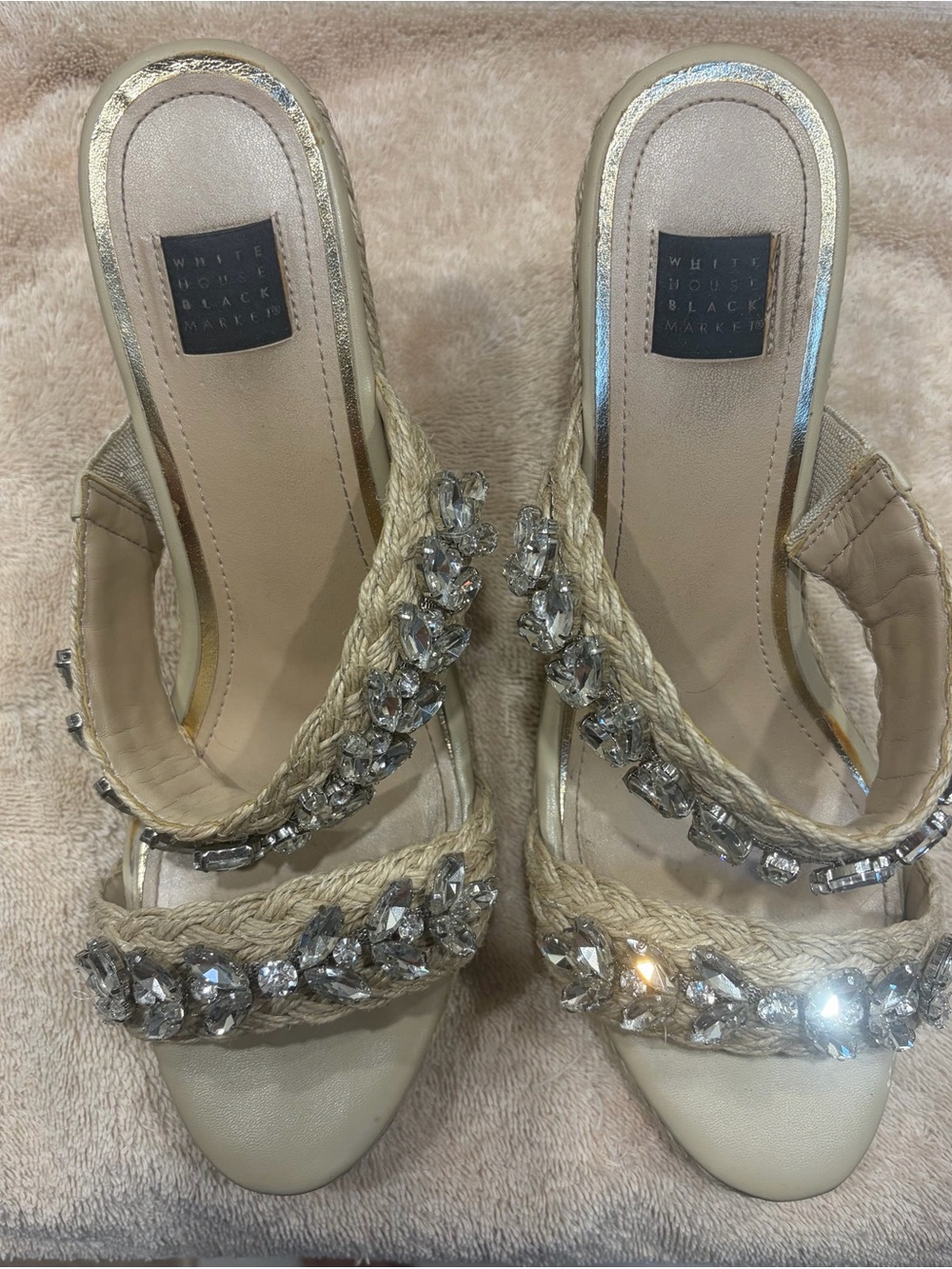 White House Black Market Jeweled Braided Beige Slide Heels